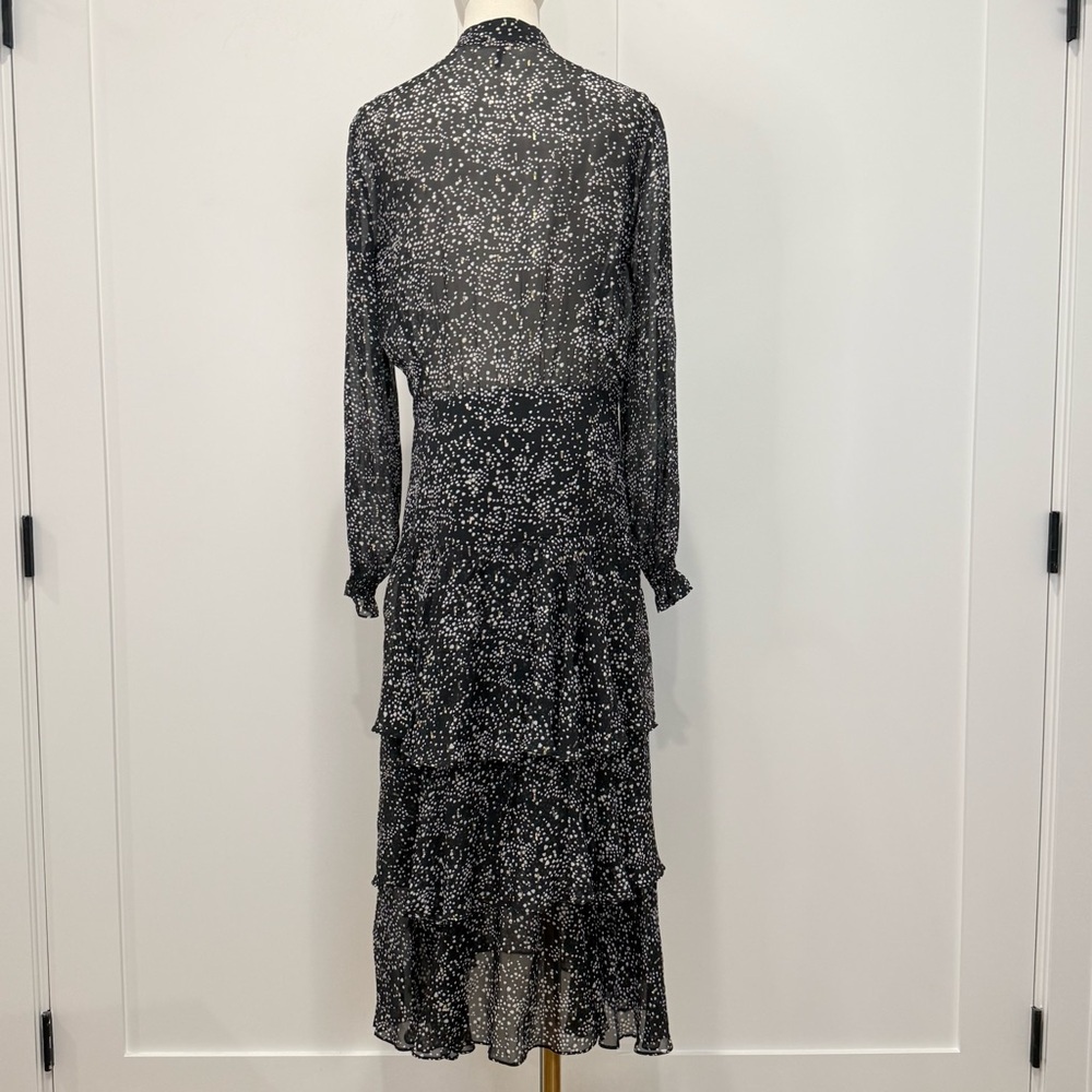 Maje Tiered Printed Metallic Fil Coupé Midi Dress 38 Medium Black Silk Wedding - Picture 5 of 16